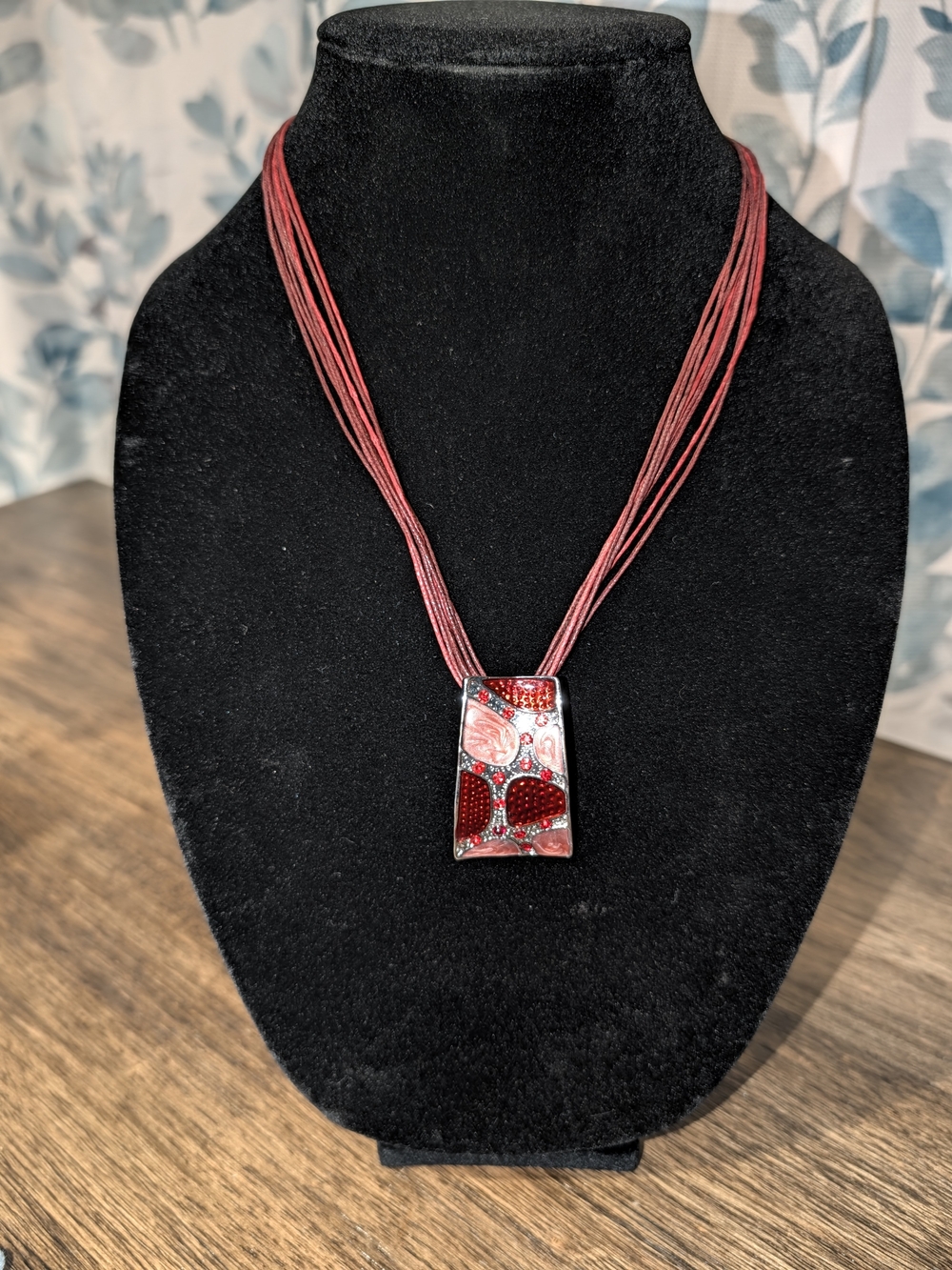 Gaudi Brand Red Enamel And Metal Mosaic Pendant Multi-Strand Necklace Red
